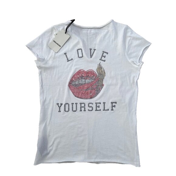 Zadig & Voltaire Tunisien MC Love Yourself Glitter Tee White ( XS ) - Picture 1 of 2